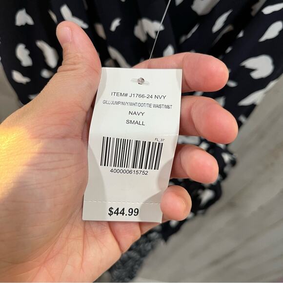 New! Mia & Tess Navy Blue Polka Dot Crop Leg Jumpsuit Waist Tie Womens Small - Picture 3 of 8